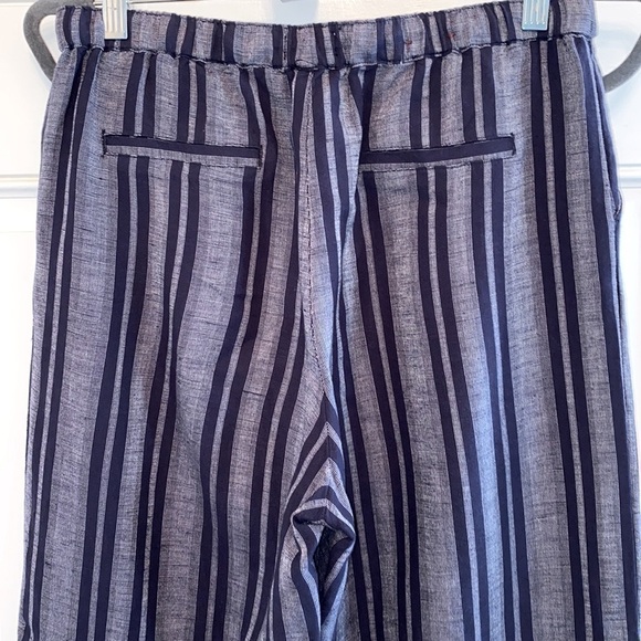 Blue Linen Wide Leg Striped High Rise Drawstring Pockets Bohemian Pants Summer - Picture 11 of 14